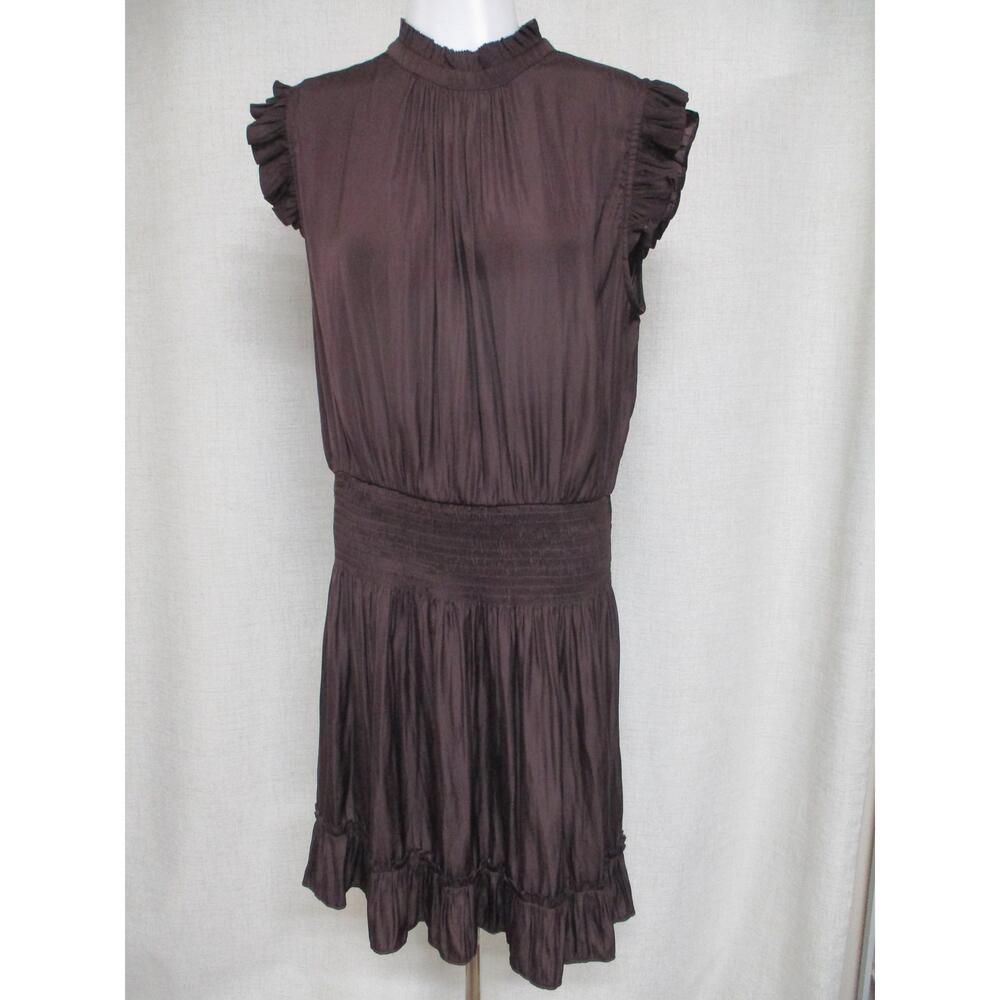 * NEW * AMĒNAH Brown Ruffled Smocked Waist Sleeveless Dress sz L NWT $112